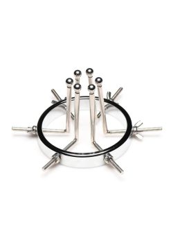 Stainless steel anal explorer with multiple adjustable points and circular base, designed for enhanced intimate experiences.