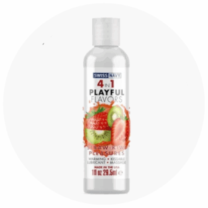 Bottle of Swiss Navy 4-in-1 Playful Flavors edible lubricant featuring strawberry and kiwi design, promoting sensual experiences and enhancing intimacy.