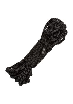 Black bondage rope, suitable for BDSM activities, displayed in a coiled form, emphasizing its texture and quality for restraint purposes.