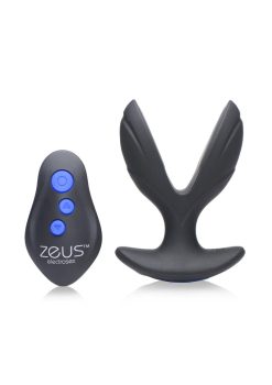 Zeus Electro-Spread 64X vibrating and E-Stim silicone rechargeable butt plug with remote control, featuring ergonomic design and sleek black finish, ideal for enhancing intimate experiences.