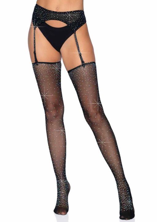 Leg Avenue Rhinestone Micro Net Garter Belt and Stockings Set (2 pieces) - OS - Black