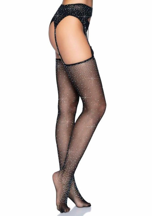 Leg Avenue Rhinestone Micro Net Garter Belt and Stockings Set (2 pieces) - OS - Black - Image 3