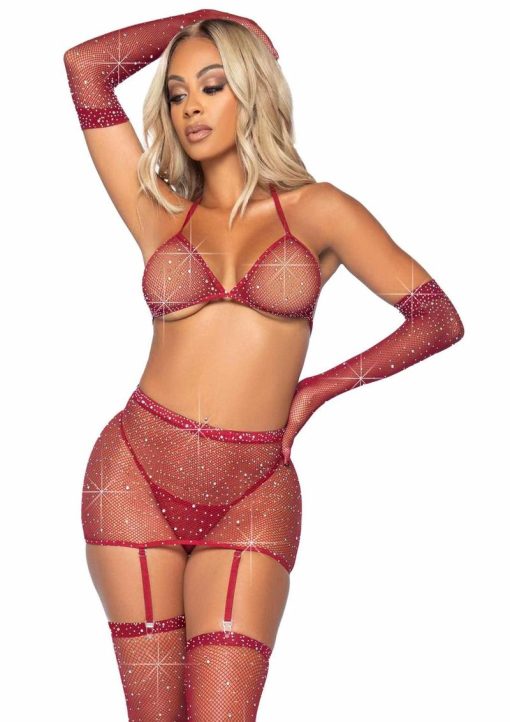 Gloves and Matching Stockings (5 piece) - OS - Burgundy