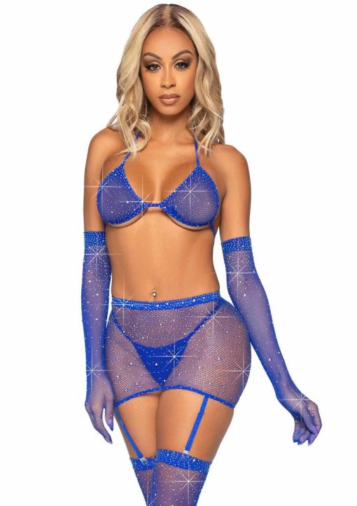 Leg Avenue Rhinestone Fishnet Garter Skirt Set with Bikini Top
