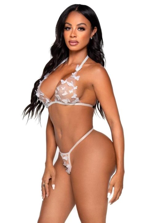 Leg Avenue Sheer Butterfly Applique Bra Top and G-String Panty (2 pieces) - Large - White - Image 3