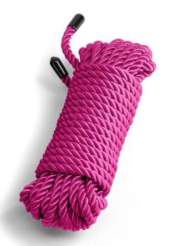 Pink bondage rope coil with black tips, featured in an e-commerce listing for BDSM products on Spice Sensuality.
