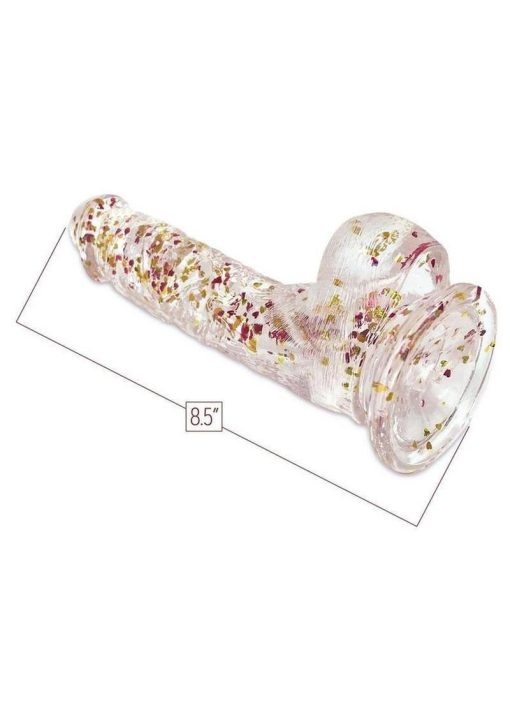 Glittergasm Realistic Clear Dildo with Balls and Suction Cup - Red/Orange/Golden Glitter - Image 3