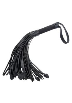 Black leather flogger with multiple tails, designed for BDSM and sensual play, featured on a page showcasing various floggers for purchase.