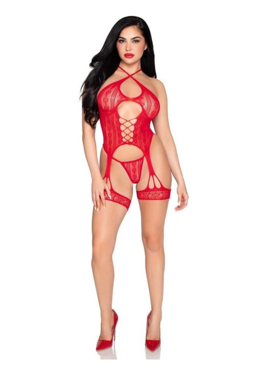 Leg Avenue Heart Halter Cami Garter and G-String Panty (2 Piece) - Red - O/S - Image 4