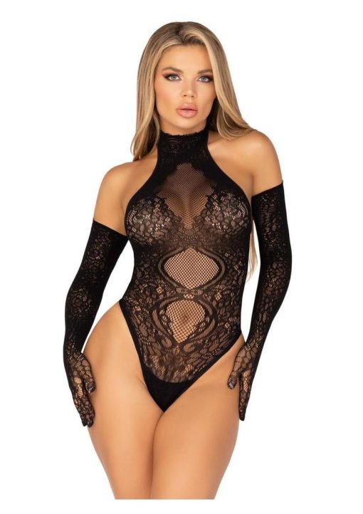 Leg Avenue Lace Halter Teddy and Matching Long Lace Gloves (2 Piece) - Black - O/S