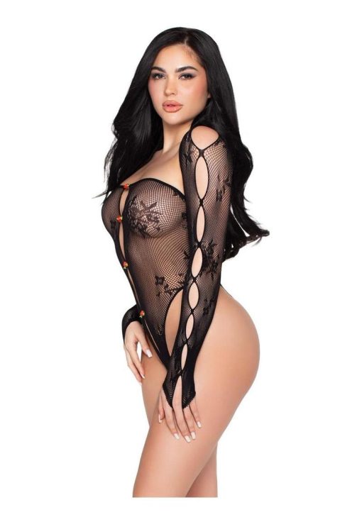 Leg Avenue Keyhole Net and Lace Crotchless Teddy with Rosette Accents and Matching Shrug (2 Piece) - Black - O/S - Image 3