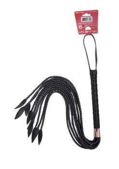 Black flogger with braided tail and a rose gold handle, featured as part of the BDSM accessory collection for sensual play.