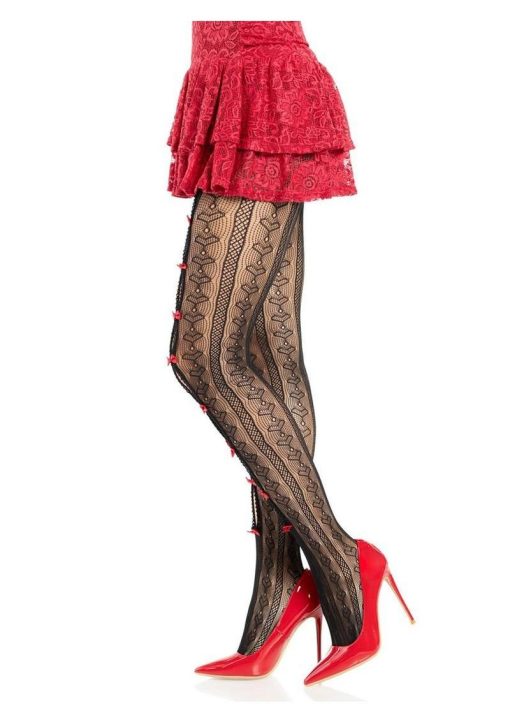 Leg Avenue Sweetheart Striped Net Tights with Keyhole and Mini Bow Detail - O/S - Black/Red - Image 3