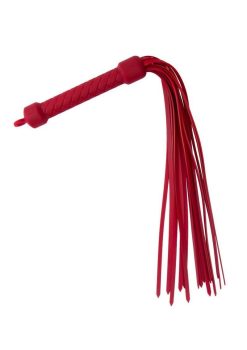 Red silicone flogger with a textured handle and multiple flexible tails, featured in a section for new arrivals in adult products at Spice Sensuality.