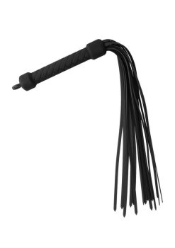 Black silicone flogger with a textured handle and multiple long, flexible tails, designed for sensual play and intimacy enhancement.