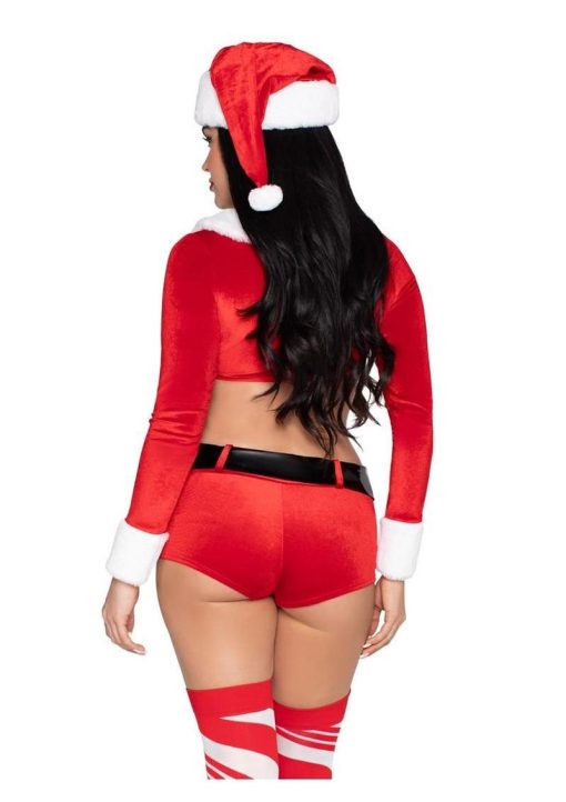 Leg Avenue Christmas Cutie Costume, Velvet Crop Top with Faux Fur Trim, Shorts, Belt and Santa Hat (4 Piece) - Red/White - Medium - Image 2