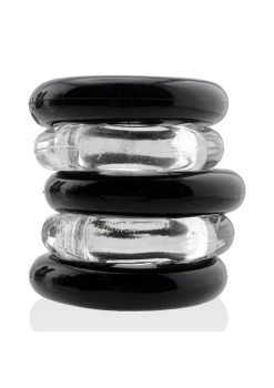 Hunkyjunk Jacker 5 Stack Super-Strong Cockrings (5 Pack) - Clear/Black